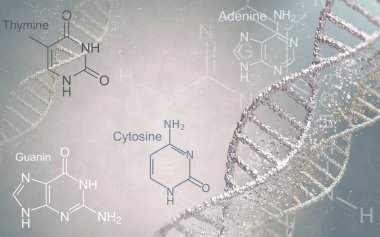 Tıbbi soyut kavramsal geçmiş. Zincir DNA, RNA kodu, bileşen elementlerin kimyasal formülleri, biyolojik yapı, 3D oluşturma