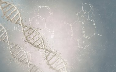 Tıbbi soyut kavramsal geçmiş. Zincir DNA, RNA kodu, bileşen elementlerin kimyasal formülleri, biyolojik yapı, 3D oluşturma