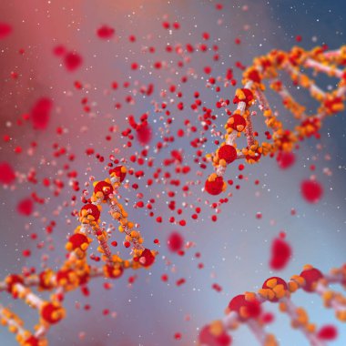 Tıbbi soyut kavramsal arka plan, genetik hastalıklardan etkilenen DNA kod zinciri ve tehlikeli değişiklikler, kopukluk, fonksiyon bozukluğu, 3D görüntüleme