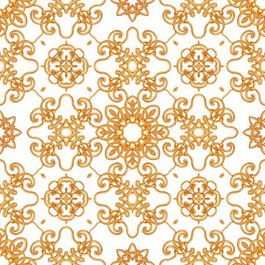 Kusursuz desen. Altın desenli bukleler. Doğu tarzı arabesk. Parlak dantel, stilize çiçekler. Zarif, altın arkaplanlı, 3B biçimlendirmeli açılış çalışması.