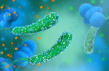 Tehlikeli patojenik bakteriler Helicobacter pillori, mide enfeksiyonunun patojeni, tıbbi soyut arka plan, konsept, 3D görüntüleme