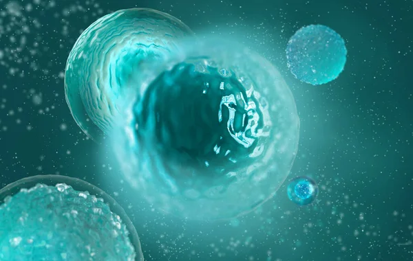 Медичний Абстрактний Фон Мікроскопічні Клітини Процесі Ділення Плавають Плазмі Синій — стокове фото