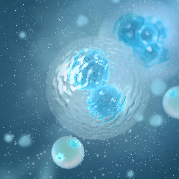Medical abstract background, microscopic cells in the process of division float in plasma, blue palette, 3D rendering