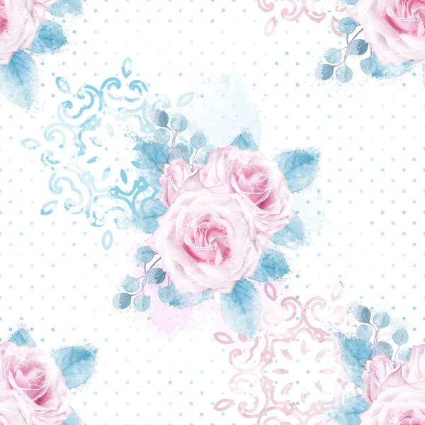 Delicate Mooie Roze Lila Rozen Blauw Pastel Gebladerte Bloemstuk Realisme — Stockfoto