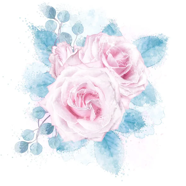 Rysunek Akwarelowy Delikatny Piękny Różowy Liliowe Róże Niebieskie Pastelowe Liście — Zdjęcie stockowe