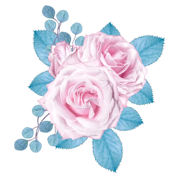 Delikatny Różowy Liliowe Róże Niebieskie Pastelowe Liście Skupiska Jagód Kompozycja — Zdjęcie stockowe