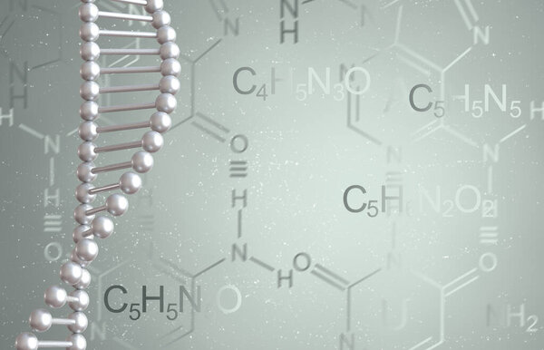 Medical abstract conceptual background. Chains DNA, RNA code, chemical formulas of constituent elements, biological structure, 3D rendering