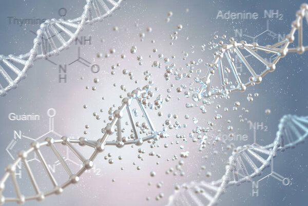 Medical abstract conceptual background, DNA code chain affected by genetic diseases and dangerous changes, disconnection, impaired function, 3D rendering