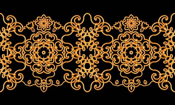 无缝图案 金质卷发 东方风格的阿拉伯式 华丽的花边 风格化的花 开放的编织精致 金色背景 3D渲染 — 图库照片