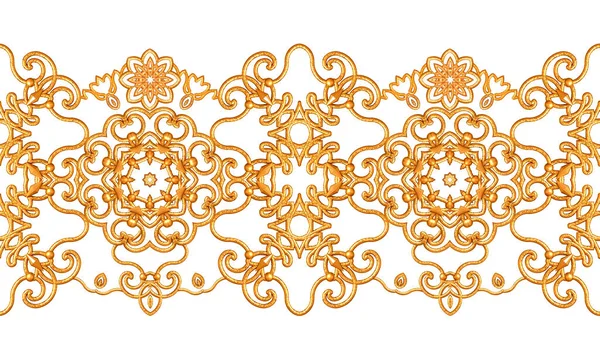 シームレスなパターン 金色の質感のカール 東洋スタイルのアラベスク 鮮やかなレース 様式化された花 繊細な黄金の背景 3Dレンダリングを織るオープンワーク — ストック写真