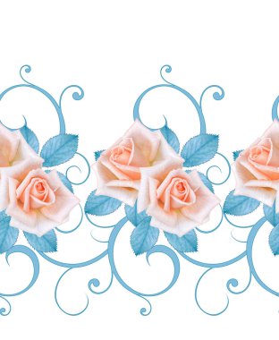 Zarif pembe, leylak güller, mavi pastel yapraklar, böğürtlen kümeleri, çiçek düzenleme, gerçekçilik, kusursuz desen.