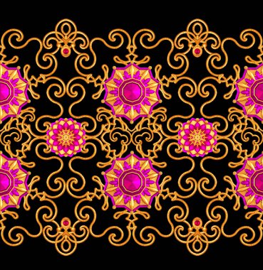 Kusursuz desen. Altın desenli bukleler. Doğu tarzı arabesk. Parlak dantel, stilize çiçekler. Zarif, altın arkaplanlı, 3B biçimlendirmeli açılış çalışması.