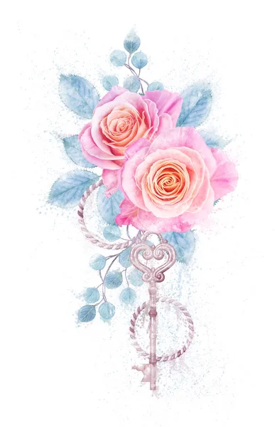 Composição Aquarela Floral Buquê Delicadas Rosas Rosa Bonitas Elementos Decoração — Fotografia de Stock