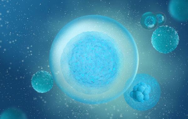 Medical abstract background, microscopic cells in the process of division float in plasma, blue palette, 3D rendering