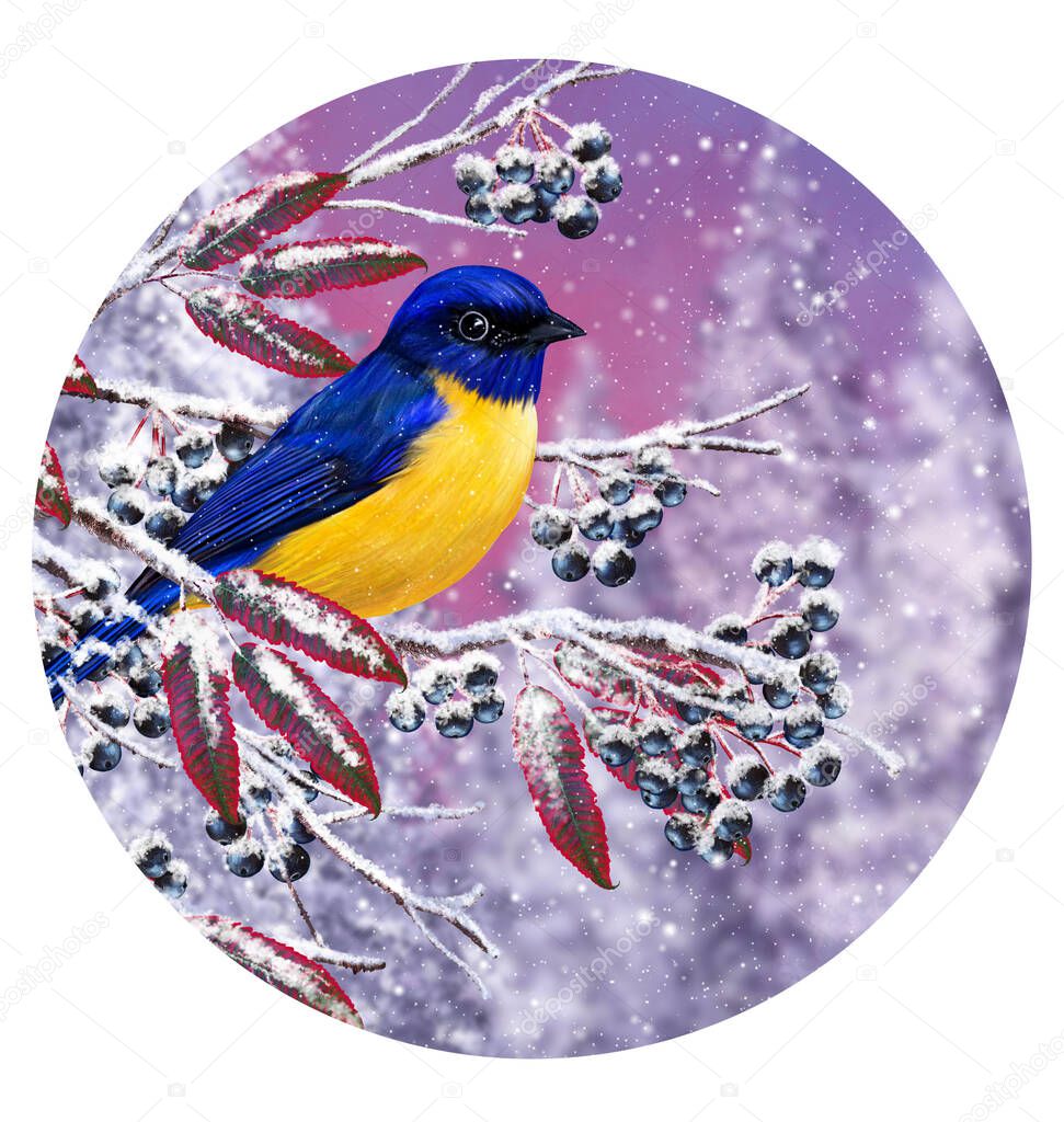 Christmas winter background, a small bird tit sits on a snowy branch, berries, foliage, sunset, blizzard, round form