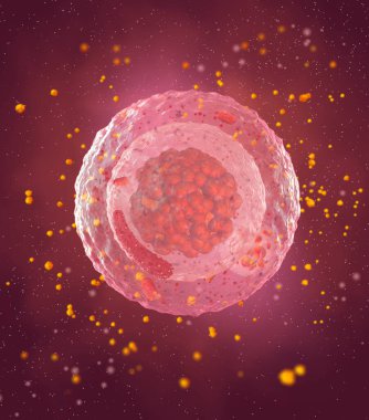 Tıbbi soyut arkaplan, bölünme sürecindeki mikroskobik hücreler plazma içinde yüzer, üç boyutlu görüntüleme