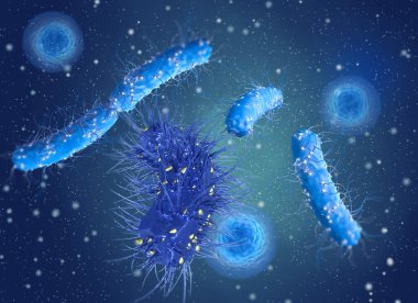 Tehlikeli patojenik bakteriler, Escherichia coli, kolibacillus, mide enfeksiyonu patojeni, tıbbi soyut geçmiş, konsept, 3 boyutlu görüntüleme