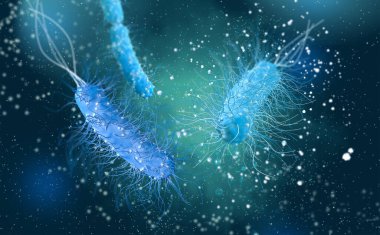Tehlikeli patojenik bakteriler, Escherichia coli, kolibacillus, mide enfeksiyonu patojeni, tıbbi soyut geçmiş, konsept, 3 boyutlu görüntüleme