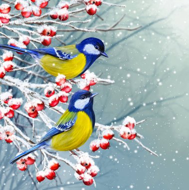 Winter Christmas background, two yellow little tit birds sit on a snowy branch, snowfall, clusters of berries, evening lighting.