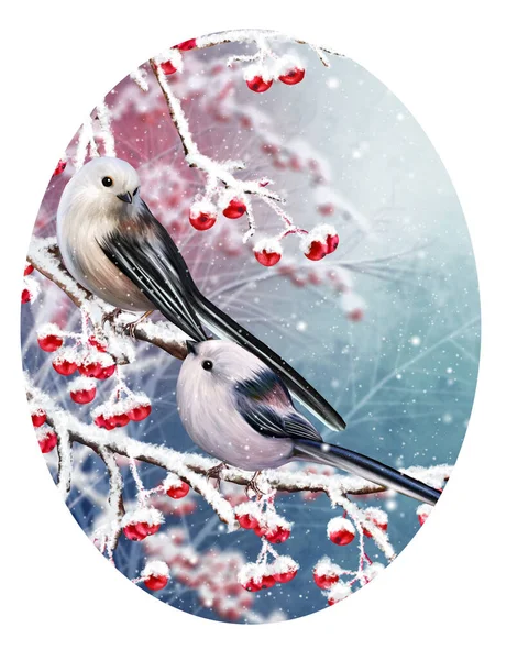 Winter Christmas Background Two White Little Tit Birds Sit Snowy — Stock Photo, Image