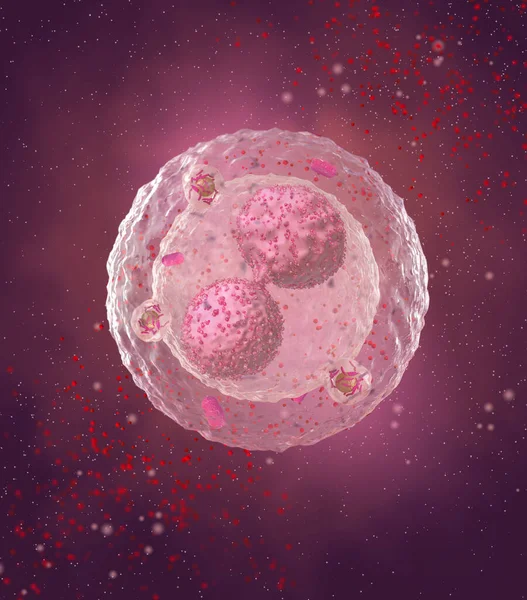 Tıbbi soyut arkaplan, bölünme sürecindeki mikroskobik hücreler plazma içinde yüzer, üç boyutlu görüntüleme