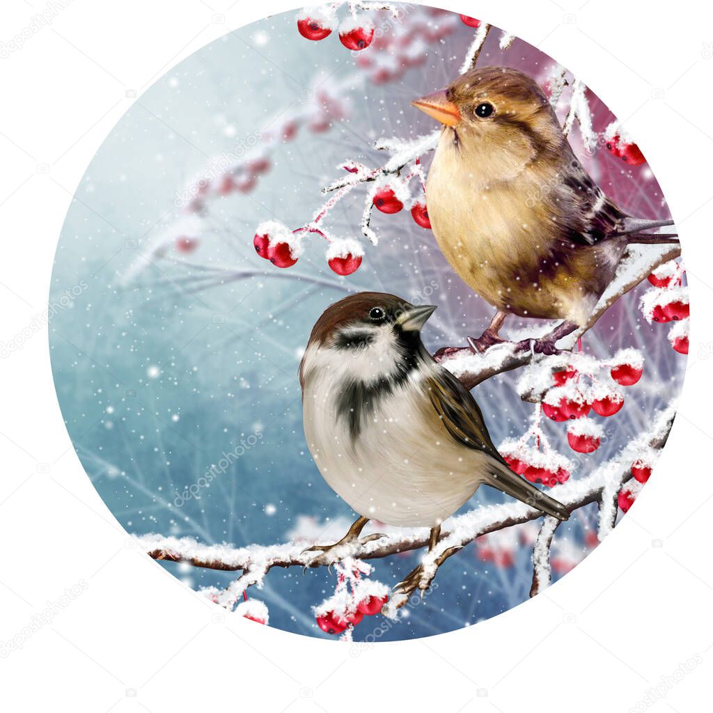 Winter christmas festive background, new year mood, two sparrow birds sit on snow-covered branches, red berries, bright leaves, snow, blizzard, evening lighting, 3d rendering, round shape