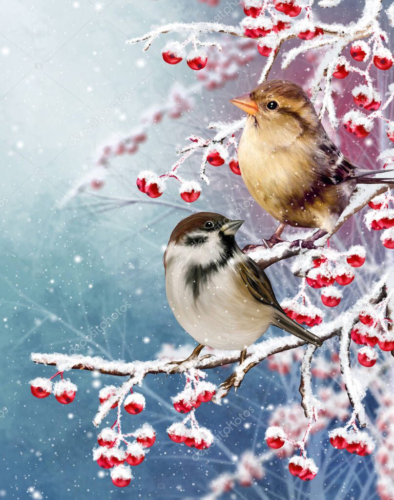 Winter christmas festive background, new year mood, two sparrow birds sit on snow-covered branches, red berries, bright leaves, snow, blizzard, evening lighting, 3d rendering