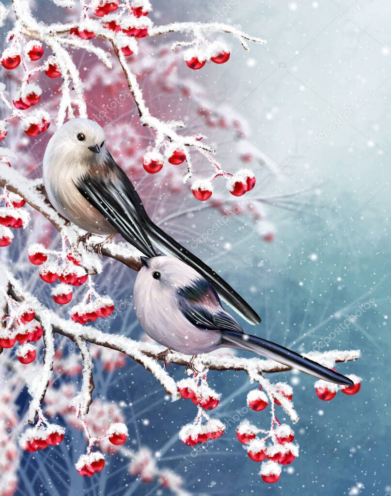Winter Christmas background, two white little tit birds sit on a snowy branch, snowfall, clusters of berries, evening lighting, 3d rendering