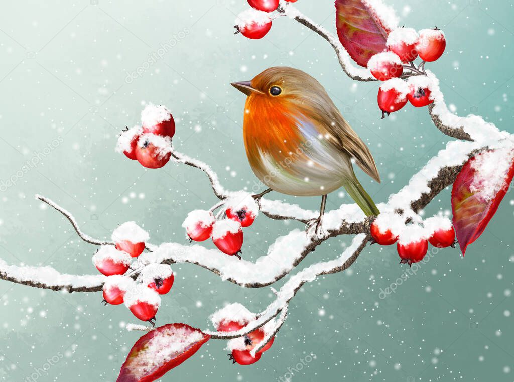 Winter Christmas background, yellow little tit birds sit on a snowy branch, snowfall, clusters of berries, evening lighting.