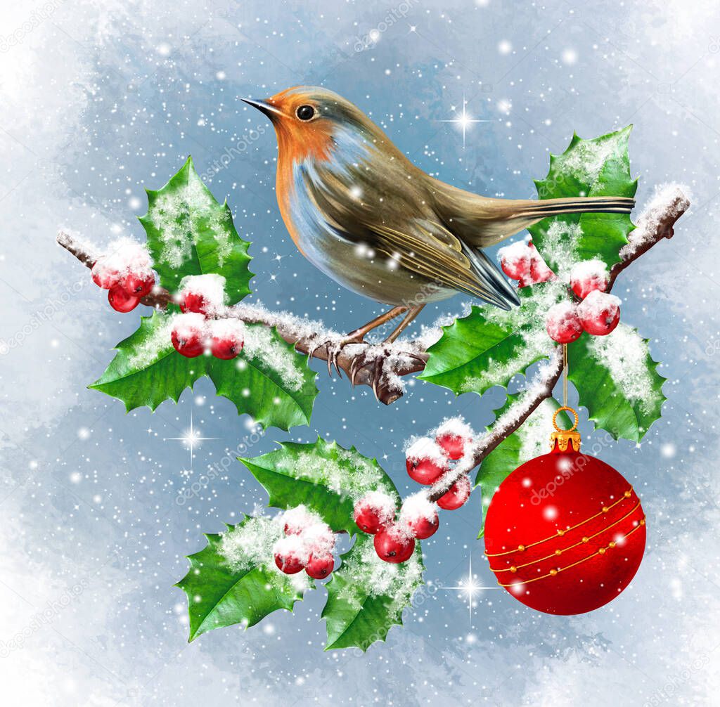Christmas winter background, small yellow tit bird sits on a holly branch, green leaves, red berries, Christmas tree decoration bright ball, flying snow.