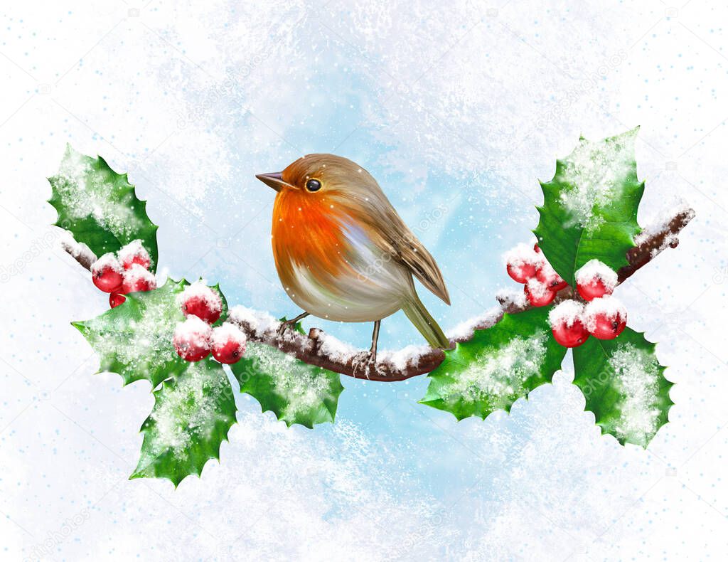 Christmas winter background, a small yellow tit bird sits on a holly branch, green leaves, red berries, flying snow.
