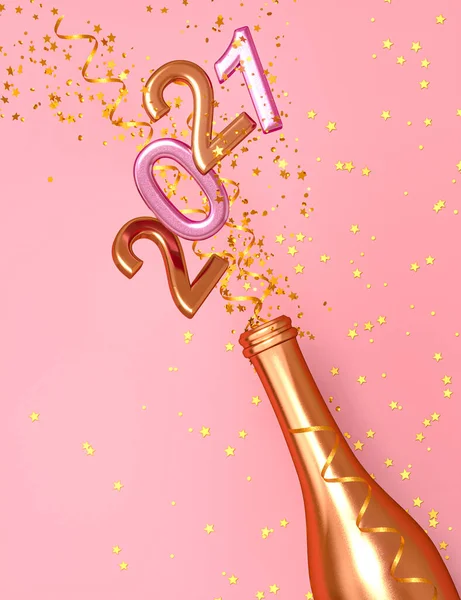 Ροζ Εορταστικό Φόντο Χρυσό Μπουκάλι Flying Tinsel Κομφετί Αστέρια Απόδοση — Φωτογραφία Αρχείου