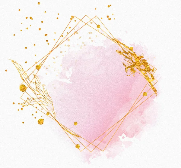 Rosa Traços Pêssego Manchas Tinta Aquarela Uma Moldura Quadrada Dourada — Fotografia de Stock