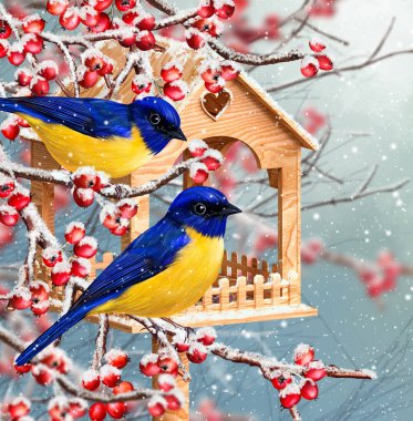 Winter christmas background, two bird tits sit on a snow-covered branch, wooden bird feeder, snowfall, bunches of berries, evening lighting, 3d rendering