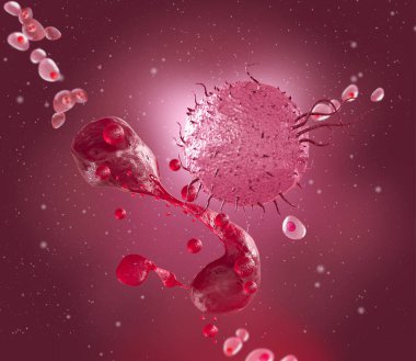Tıbbi soyut arkaplan, bölünme sürecindeki mikroskobik hücreler plazma, embriyo, mikrop, üç boyutlu görüntüleme içinde yüzerler.