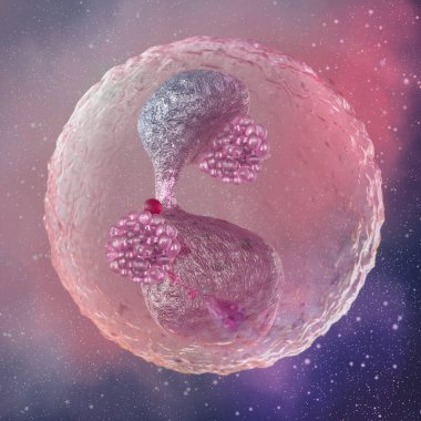 Tıbbi soyut arkaplan, bölünme sürecindeki mikroskobik hücreler plazma, embriyo, mikrop, üç boyutlu görüntüleme içinde yüzerler.