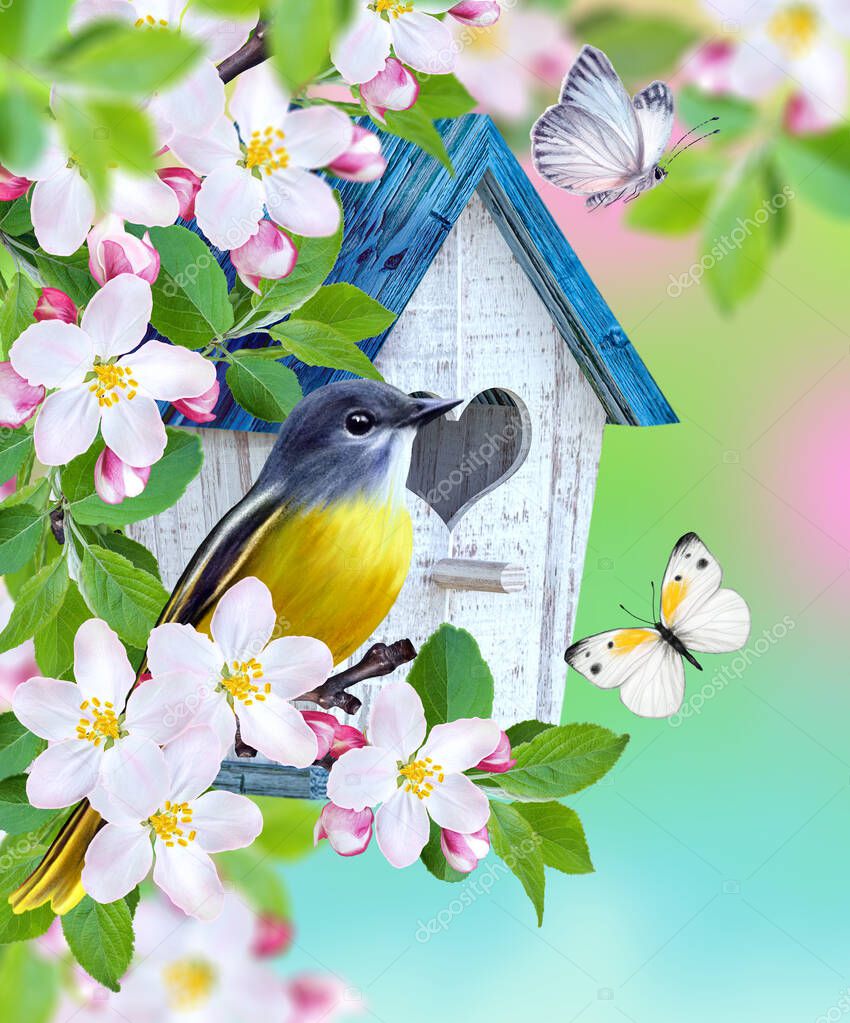 Bird titmouse sits on a branch of a blossoming apple tree, birdhouse, white spring flowers, buds, butterfly, macro, blurred background, soft focus, easter festive sunny day, 3d rendering