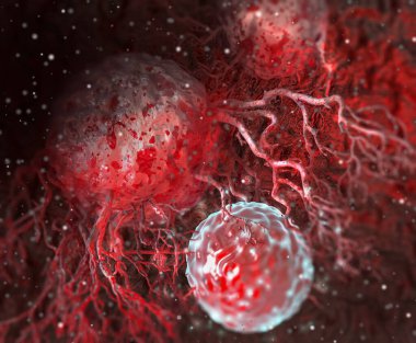 Tıbbi ve bilimsel kavramlar, kötü huylu, kötü huylu, kanser hücreleri, 3 boyutlu illüstrasyon