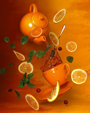 Uçan, yükselen porselen bardak, çay tabağı, çaydanlık, kaşık, limon dilimleri, nane yaprağı filizi, siyah çay sıvısı sıçraması, 3D rendeleme