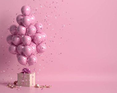 Şenlikli arka plan, hava helyum balonları, kurdele ve fiyonklu hediye kutuları, tatil, uçan konfeti, süs, ışıltı, ışıklar, 3D görüntüleme