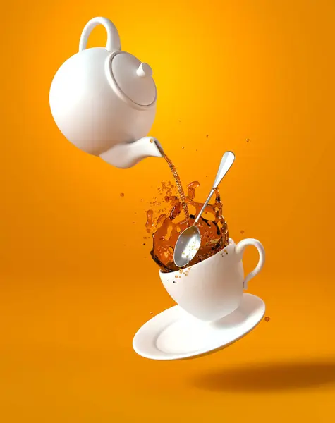 Flying, levitating porcelain cup, saucer, teapot, spoon, black tea liquid splash splash, 3D rendering