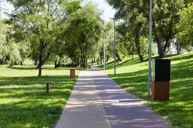 Avrupa, Kyiv 'de ağaçlar ve çimlerle çevrili bir yürüyüş yolu. Şehir parkında dinlenme yeri