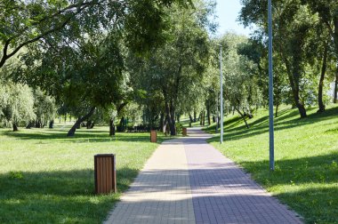 Avrupa, Kyiv 'de ağaçlar ve çimlerle çevrili bir yürüyüş yolu. Şehir parkında dinlenme yeri