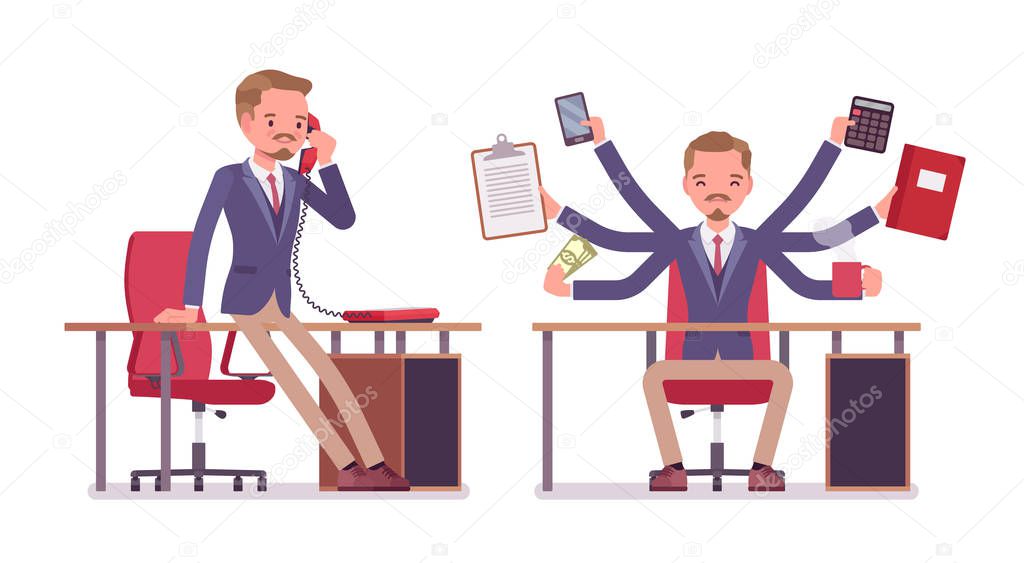 Male office secretary performs multiple tasks