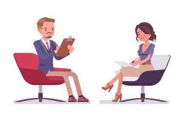 Sandalyede oturan erkek ve kadın ofis Sekreteri