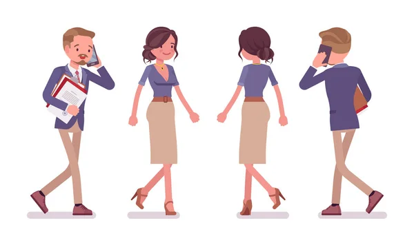 Secretario de oficina masculino y femenino caminando — Vector de stock