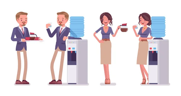 Secrétaire de bureau homme et femme au refroidisseur d'eau, avec café — Image vectorielle