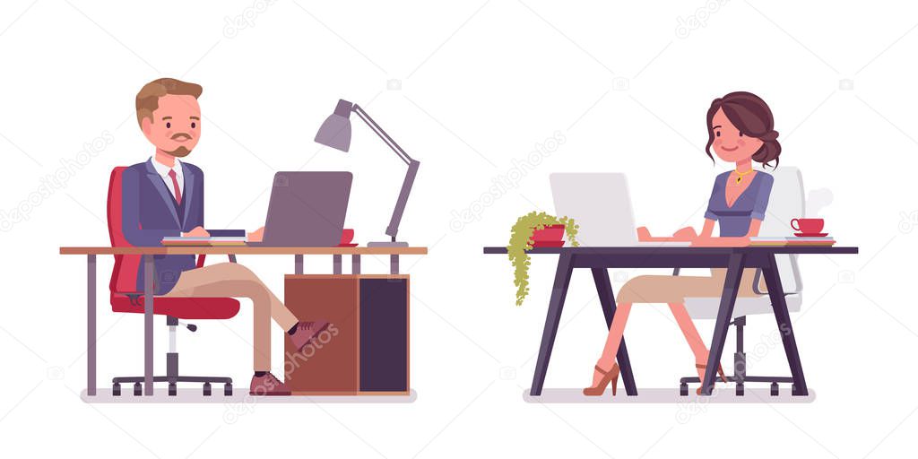 Male and female office secretary working at desk