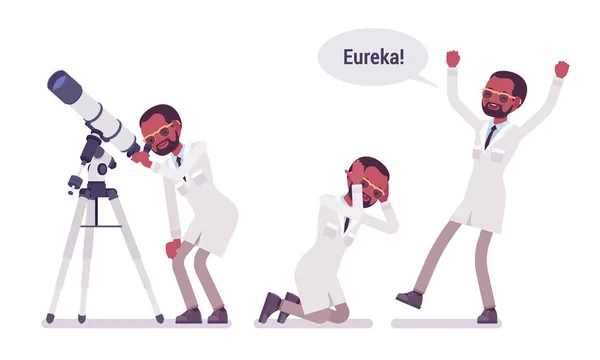 男性黑人科学家与尤里卡结果高兴 — 图库矢量图片
