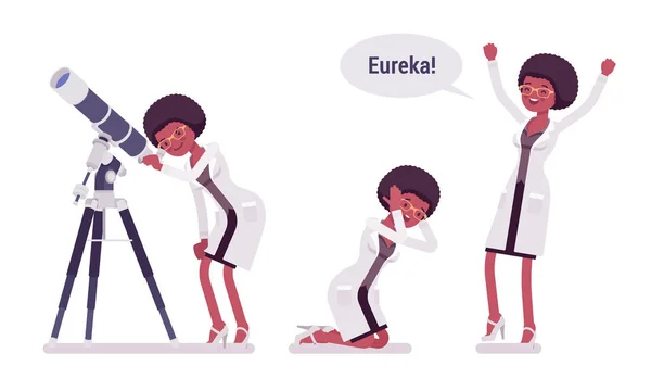 Feminino cientista negro feliz com o resultado eureka —  Vetores de Stock